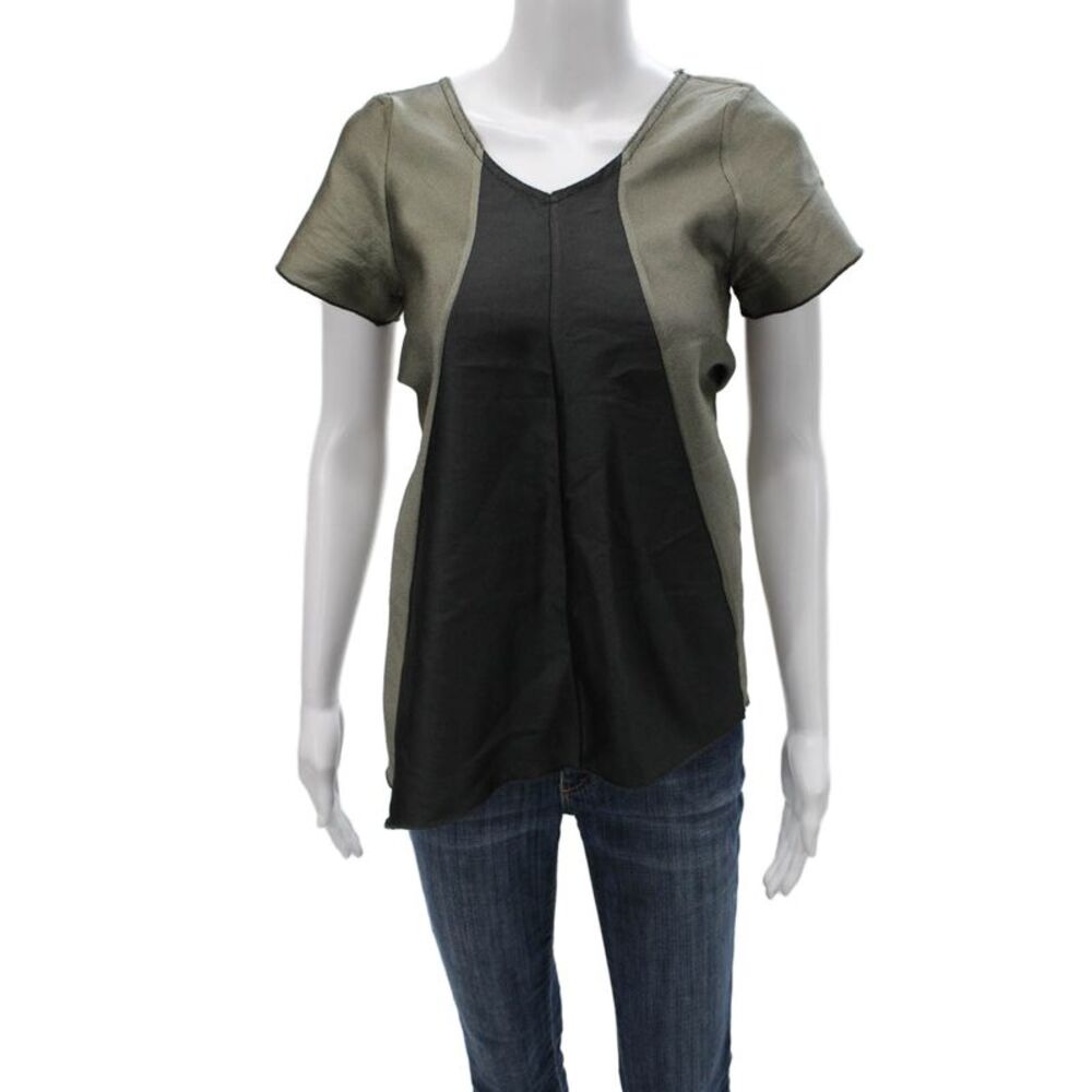 Ter Et Bantine Womens Basic Gray V-Neck Colorblock Blouse Short Sleeve Size 42